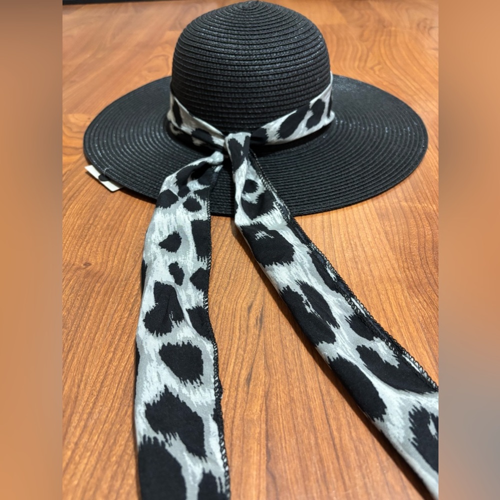 NEW Leopard Print Black Wide-Brim Straw Hat - Picture 2 of 3